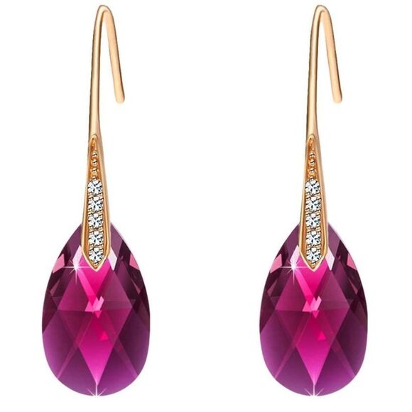 14K Yellow Gold with Fuchsia Pink Austrian Crystal Teardrop Drop Hook Earrings